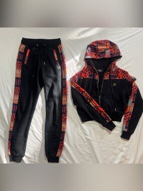 D'IYANU African Print Hooded Crop Track Jacket & Joggers Set - Size XS